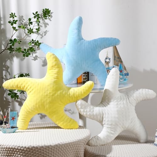 Fumete Starfish Pillow Beach Starfish Shaped Throw Pillows 20'' Stuffed Animal Cute Plush Coastal Decor Ocean Star Pillow Plush Cushion for Bedroom Living Room Sofa Couch(White Yellow Blue,3 Pcs)