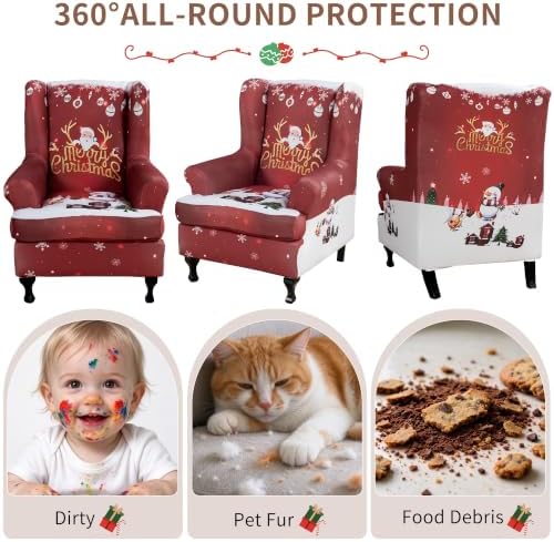 HAOYONG Christmas Stretch Wingback Chair Cover 2 Pieces Wing Chair Slipcover Printed Wingback Armhair Slipcover Wingback Washable Sofa Covers Christmas Decoration Furniture Protector for Armchair