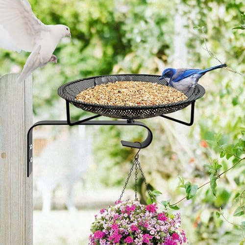 CQAIRIOU Wall Mounted Bird Feeder Tray,11.8" Stainless Steel Large Fence Tree Mount Birds Feeder for Outside Wild Birds, Table Mountable Platform Bird Feeder Mesh Seed Tray with Hanging Hook