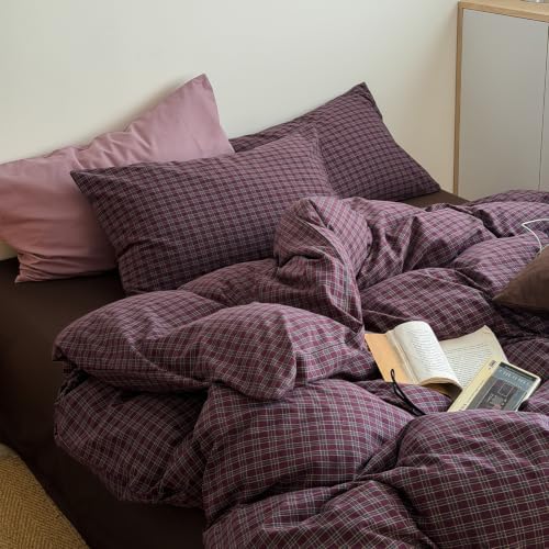 mixinni Vintage Burgundy Grid Duvet Cover Set Full Size - 3 Piece Washed Cotton Bedding Set, Retro Buffalo Plaid Duvet Cover with Pillowcases, Mid Century Modern Bedding for All Seasons
