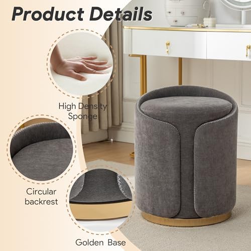 Swivel Vanity Stool with Gold Base Comfy Vanity Chair Modern Round Stool for Makeup Vanity Ottoman Foot Rest for Bedroom livingroom (Dark Gray)