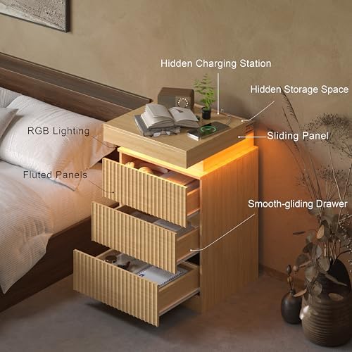 Nightstand Set of 2 for Bedroom, LED Nightstand with 3 Drawers and Charging Station, Mid Century Modern Fluted Nightstands, Bedside Tables & End Tables, Wood