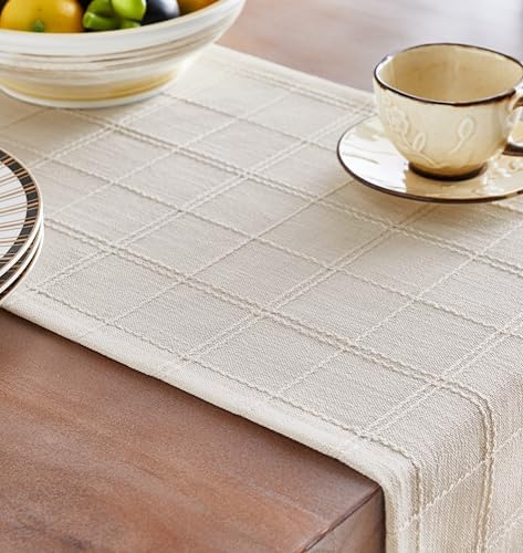 ZeeMart Linen Checked Farmhouse Table Runner, 13x48 Inches Ivory