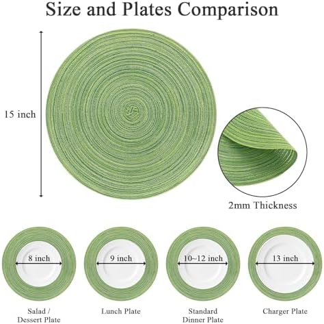SHACOS Round Placemats Set of 4 Round Table Placemats Braided Cotton Place Mats 15 inch for Kitchen Dining Table Holiday Party (Mixed Color Pea Green, 4)