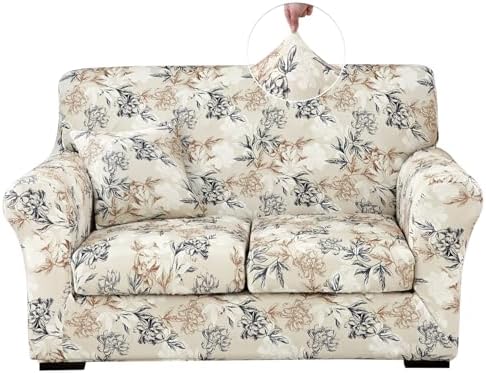 Stretch Printed Sofa Cover Couch Covers, 4-PieceLoveseat Slipcovers with 2 Separate Cushion Cover & 1 Pillow Case, Washable Soft Spandex Furniture Protector for Living Room(Loveseat, Flower)