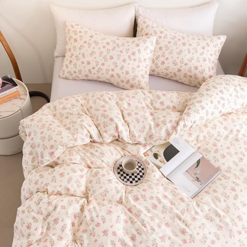 Floral Duvet Cover Set Queen Size, 3 Pieces Pink Flower and Green Leaf Pattern, Soft Microfiber Reversible Cottagecore Bedding Set with 2 Pillowcases, Comforter Insert Not Included, Cream