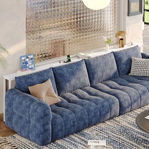 Huuger 110.2 Inch Behind Couch Table with 2 Power Outlets and USB-C Ports, Extra Long Narrow Sofa Table for Sectional Sofa, Skinny Console Table with Anti-Bump Pads, for Living Room, White
