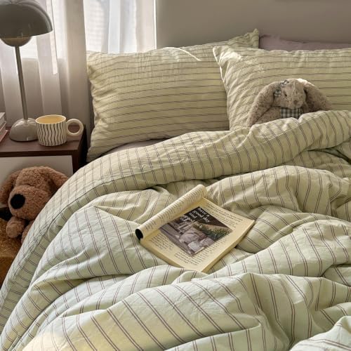 Vintage Striped Duvet Cover Full Size 3Pcs Washed Cotton Retro Bedding Set