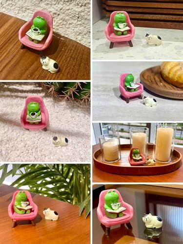 Miniature Frog Figurines Set, Cute Resin Desk Decor with Pink Chair and Sleepy Cat, Small Shelf Decoration for Office Home Workspace, Gifts for Women Teachers Coworkers Frog Lovers
