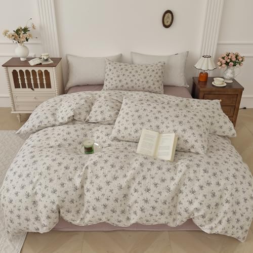 Muslin Cotton Duvet Cover Set King Floral Prints, Off-White
