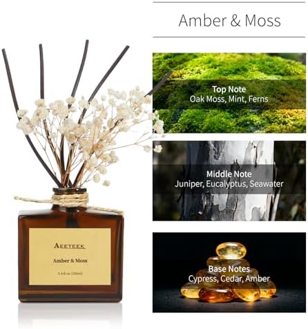 Reed Diffuser, Amber & Moss Essential Oil Diffuser with Dried Flowers, 3.4 oz Scented Oil Air Freshener, Handmade Home Decor, Long-Lasting Room Scent Fragrance for Office, Bathroom
