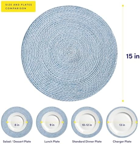 Round Placemats Set of 6-100% Cotton Two-Tone Placemat for Dining Table - Woven Braided Table Setting Place Mat - Washable Table Decor for Kitchen, Farmhouse, Rustic, Everyday Use, Dark Blue