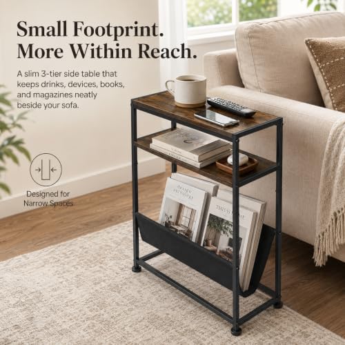 Narrow End Table with Magazine Rack, 2-Tier Slim Side Table for Small Spaces, Industrial Nightstand with Storage Sling for Living Room, Couch and Bedroom, Rustic Brown