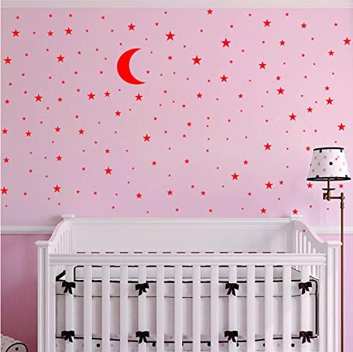 Moon and Stars Wall Decal Vinyl Sticker for Kids Boy Girls Baby Room Decoration Good Night Nursery Wall Decor Home House Bedroom Design YMX16 (Red)