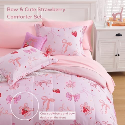 Queen Size Comforter Set for Girls-4 Pieces Pink Bow Queen Bedding Sets