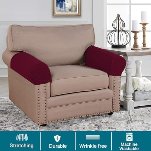 Turquoize Stretch Armrest Covers for Chairs and Sofas Couch Arm Covers for Sofa Spandex Jacquard Armrest Cover Anti-Slip Furniture Protector Armchair Slipcovers for Recliner Set of 2,Burgundy