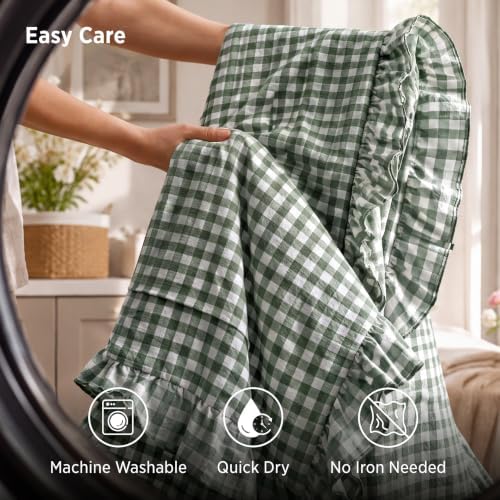 Bedsure Gingham Ruffle Duvet Cover Set, King, Cotton-Like Bed, Olive Green