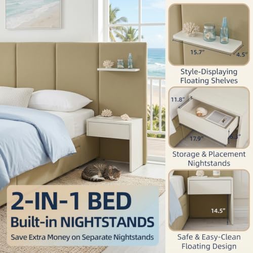 Queen Size Bed Frame with Storage & Built-in Nightstands & Drawers, Stone
