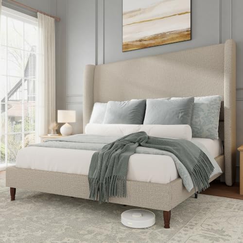 Jocisland Bed Frame Queen Size Tall Wingback Headboard Upholstered, Brown