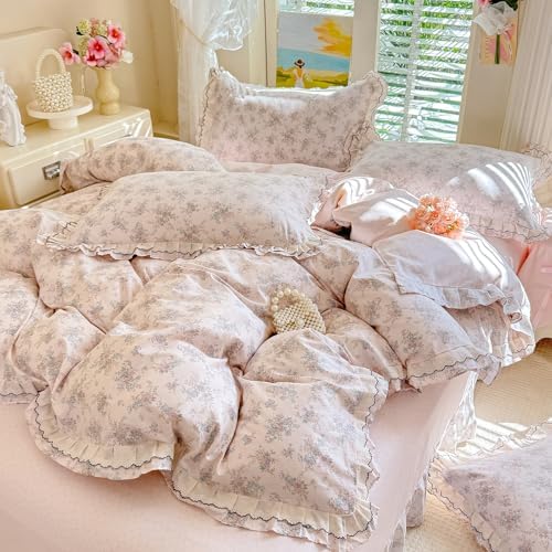 HighBuy Farmhouse Floral Duvet Cover Set Twin Pink Ruffle,100% Cotton Bedding with Zipper Closure,Shabby Vintage Princess Flowers Bedding Set for Hot Sleepers - 1 Duvet Cover and 2 Pillowcases