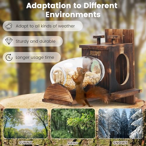 Squirrel Feeder, Large Squirrel Feeders for Outside, Durable Squirrel House, Wooden Chipmunk Feeder for Corn Peanuts with Removable Storage Bottle, 2 Stable Squirrel Stools
