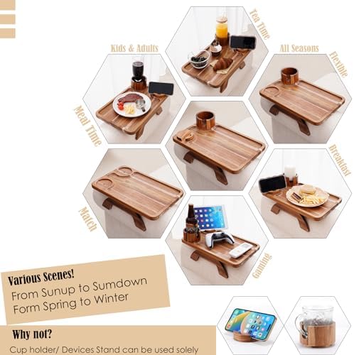 Nnewvante Couch Cup Holder Tray, 3 in 1 Large 15.36"x9.85" Acacia Wood Sofa Arm Clip on Tray Table with 360°Rotated Phone Holder on Armrest