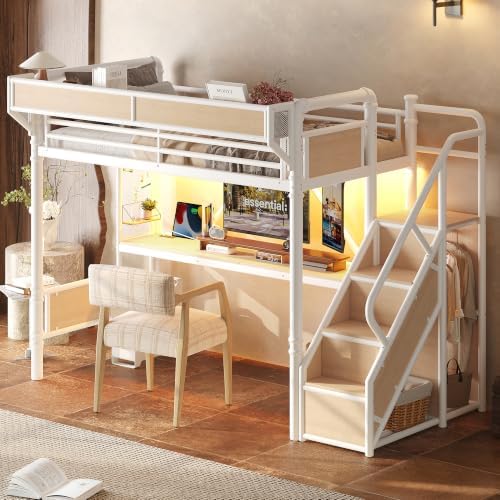 Bellemave Twin XL Metal Loft Bed with Stairs and Desk for Kids,Adult,White