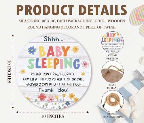 Shhh Baby Sleeping Hanging Sign, FLowers Wooden Round Door Hanger For Baby Room Front Door Nursery Kids Bedroom, Please Do Not Knock Or Ring Doorbell Sign For Outdoor Porch -01
