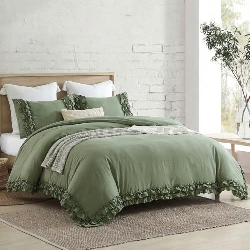 Avocado Green Duvet Cover King Ruffled Bedding Set Pleated Ruffle Fringe Shabby Chic Bedding Super Soft Cozy Boho Bedroom Bedding for All Season