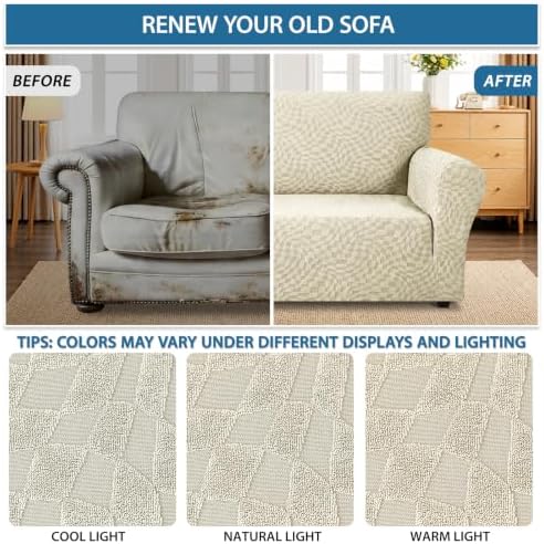 ZNSAYOTX 1 Piece Stretch Loveseat Covers for 2 Cushion Couch (55"-71"), New Plaid Couch Cover with Non-Slip Buckle for Dog Pets, Soft Cozy Washable Sofa Slipcover Form Fit Protector, Beige