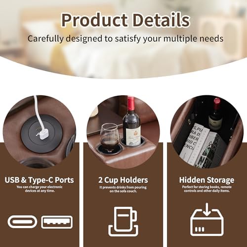 LEVNARY Modular Lift-Top Console with USB Charging and Cup Holders, Center Storage Module for Modular Reclining Sofa (Brown)