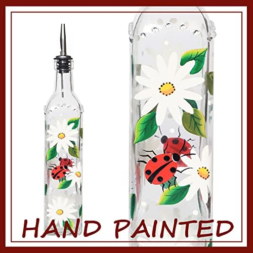 17oz Hand Painted Glass Olive Oil Bottle - 500ml Green Oil & Vinegar Cruet with Pourers - Olive Oil Carafe Decanter for Kitchen (Daisy)