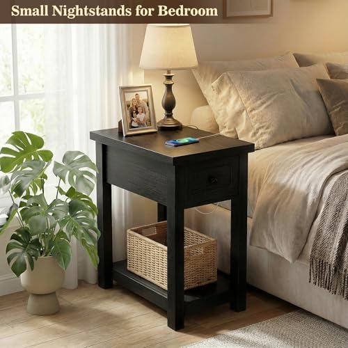 Farmhouse Narrow End Table with Charging Station for Couch, 13.8" Wide