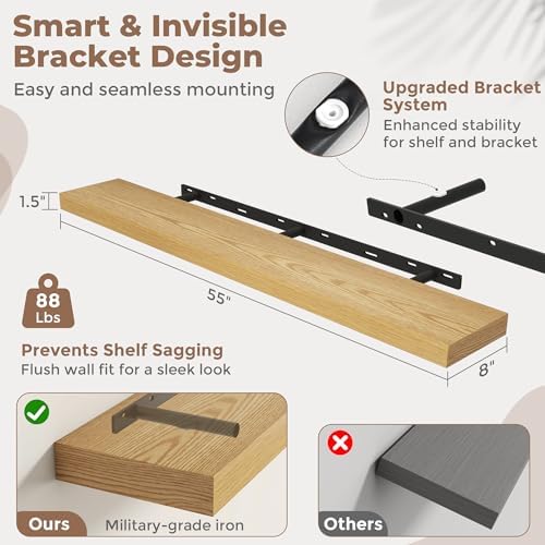 55 Inch Floating Shelves for Wall, 8"D Wood Storage Shelves, Oak Finish