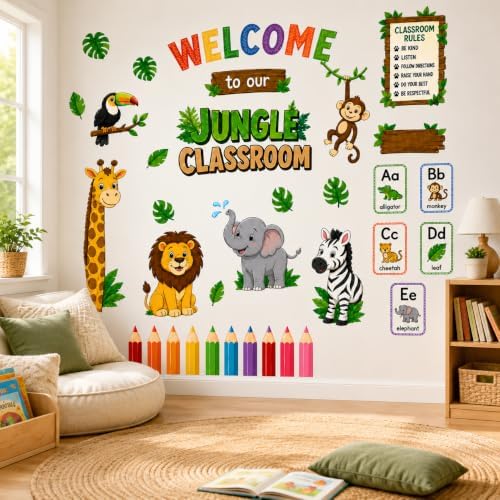 Welcome Animal Wall Stickers PVC Jungle Animal Wall Decals Tiger Elephant Giraffe Lion Monkey Wall Decor for Nursery Playroom Bedroom Classroom Kindergarten