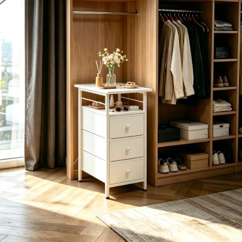WLIVE Night Stand with Charging Station, End Table with 3 Fabric Drawers