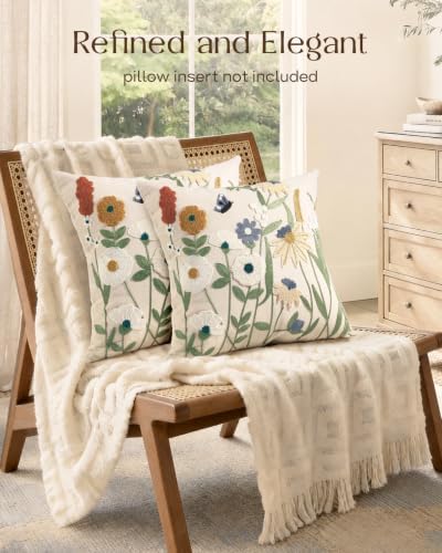 Embroidered Throw Pillow Covers 18x18, Set of 2, Cottage Flower