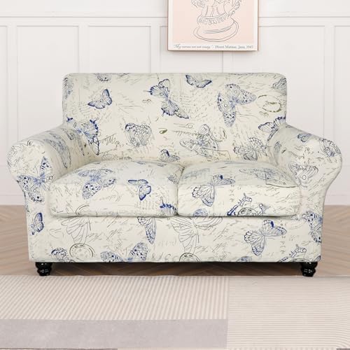 SearchI Stretch Sofa Cover Printed Couch Cover, Floral Pattern 3 Pieces Loveseat Slipcover with 2 Separate Cushion Cover, Washable Furniture Protector for Living Room(Loveseat, Butterfly Pattern)