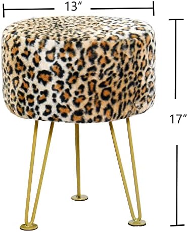 Leopard Print Round Ottoman 13"x13"x17" Faux Fur Entryway Bench Footrest Stool Accent Seating Cheetah Furry Ottoman Bedroom Vanity End of Bed for Bathroom Living Room Decor