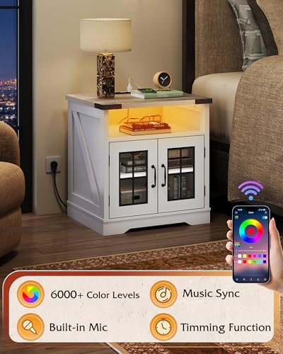 WLIVE Farmhouse End Table with Charging Station & LED Light for Living Room