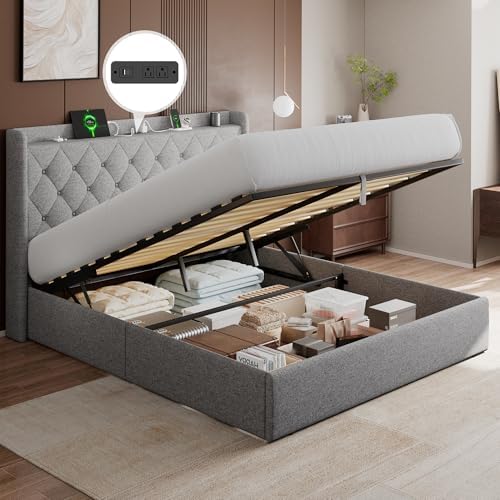 GalnFu Queen Size Bed Frame with Storage, Upholstered Queen Lift up Storage Bed Frame with Charging Station, Button Tufted Headboard, No Box Spring Needed, Easy Assembly, Noise Free, Light Gray