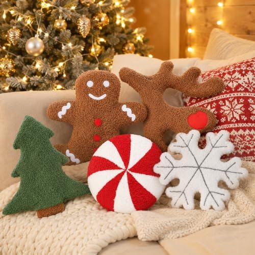 Cumule 5 Pcs Christmas Throw Pillows Cute Xmas Tree Candy Gingerbread Reindeer Snowflake Shaped Plush Pillow for Christmas Winter Holiday Party Outdoor Bedroom Cushion Decoration