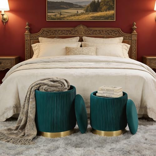YYW HOME Round Ottoman with Storage, Green Velvet, Set of 2