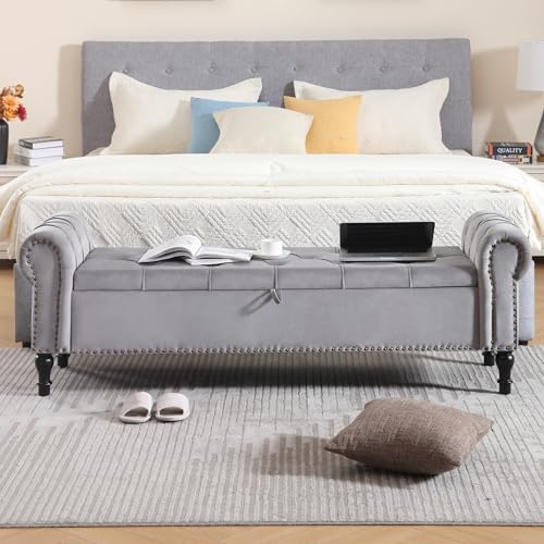 Velvet Storage Bench 67 Inch Upholstered Tufted Ottoman Bench with Arms King Size End of Bed Bench for Bedroom Living Room Entryway Light Grey