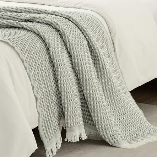 CREVENT Farmhouse Boho Knitted Throw Blanket for Couch Sofa Chair Bed Home Decoration, Soft Warm Cozy Light Weight for Spring Summer Fall (50''X60'' Waffle Green)