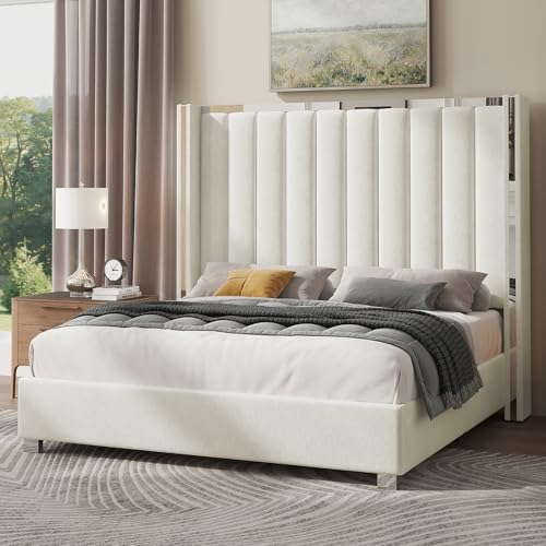 Jocisland Queen Upholstered Bed Frame with 58" Tall Headboard, Cream