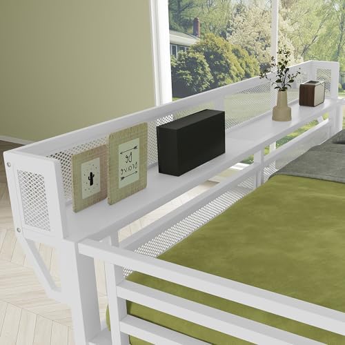 Queen Size Metal Loft Bed Frame with Convertible Staircase, Built-in Storage Shelves & Wardrobe, Loft Bed with Solid Slats & Guardrail, No Box Spring Required, Easy Assembly, for Bedroom, White