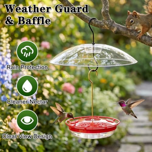 FEED GARDEN Hummingbird Feeder with Rainproof Dome, 16oz Nectar Feeder 11.8" Rain Guard Weatherproof Ant Moat Easy Fill & Clean Hanging Leak-Proof BPA-Free