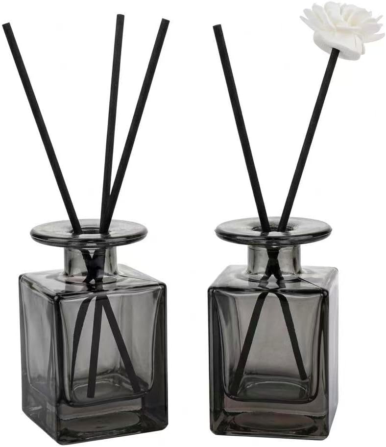 2 Pack 150ml Glass Reed Diffuser Container with Black Reeds, Empty Essential Oil Diffuser Jars with Protective Packaging for DIY Home Fragrance, Bathroom, Bedroom and Office Decor (2, Smoky Gray)
