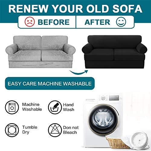 Turquoize 3 Piece T Cushion Sofa Slipcovers Stretch Couch Cover Furniture Covers with 2 Individual T Cushion Covers, Machine Washable (2 Cushion Sofa, Black)